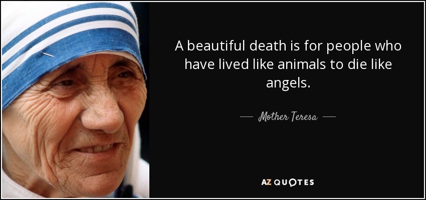 A beautiful death is for people who have lived like animals to die like angels. - Mother Teresa