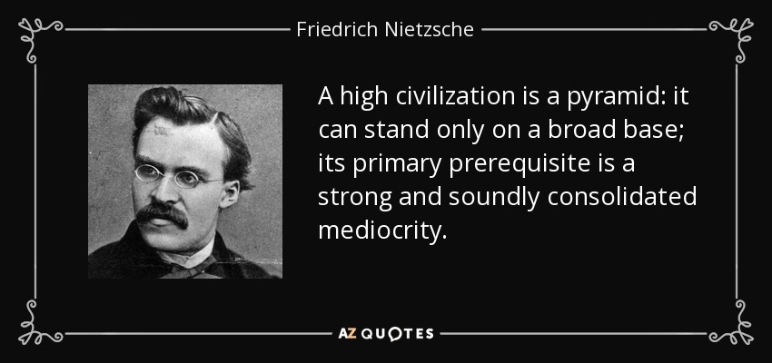 A high civilization is a pyramid: it can stand only on a broad base; its primary prerequisite is a strong and soundly consolidated mediocrity. - Friedrich Nietzsche