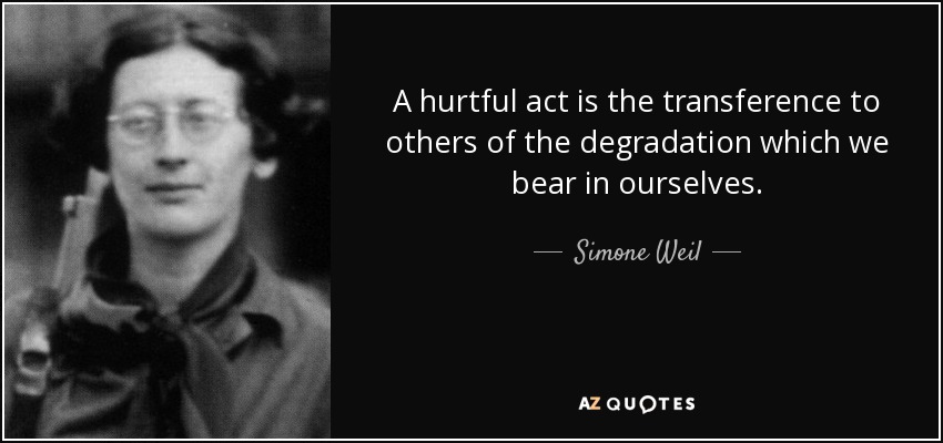 A hurtful act is the transference to others of the degradation which we bear in ourselves. - Simone Weil