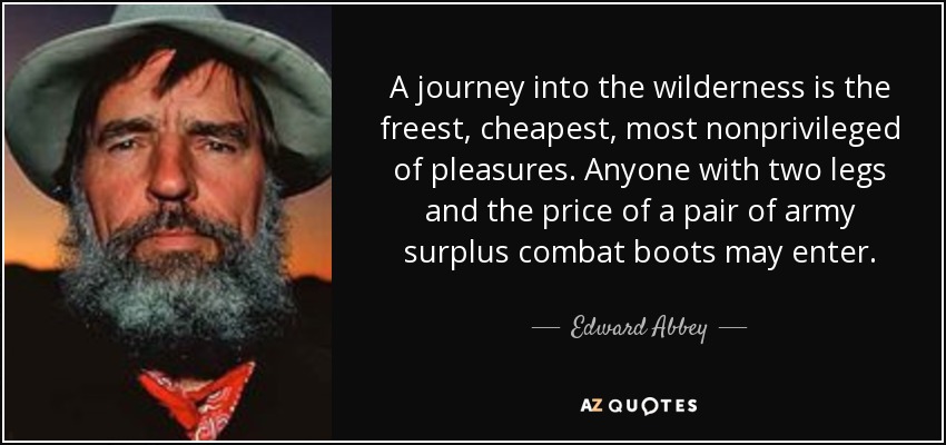 A journey into the wilderness is the freest, cheapest, most nonprivileged of pleasures. Anyone with two legs and the price of a pair of army surplus combat boots may enter. - Edward Abbey