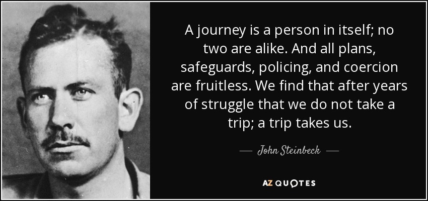 A journey is a person in itself; no two are alike. And all plans, safeguards, policing, and coercion are fruitless. We find that after years of struggle that we do not take a trip; a trip takes us. - John Steinbeck