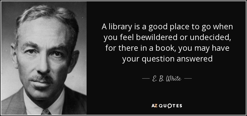 A library is a good place to go when you feel bewildered or undecided, for there in a book, you may have your question answered - E. B. White