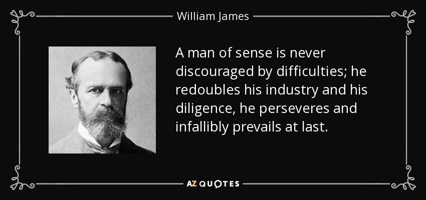 A man of sense is never discouraged by difficulties; he redoubles his industry and his diligence, he perseveres and infallibly prevails at last. - William James