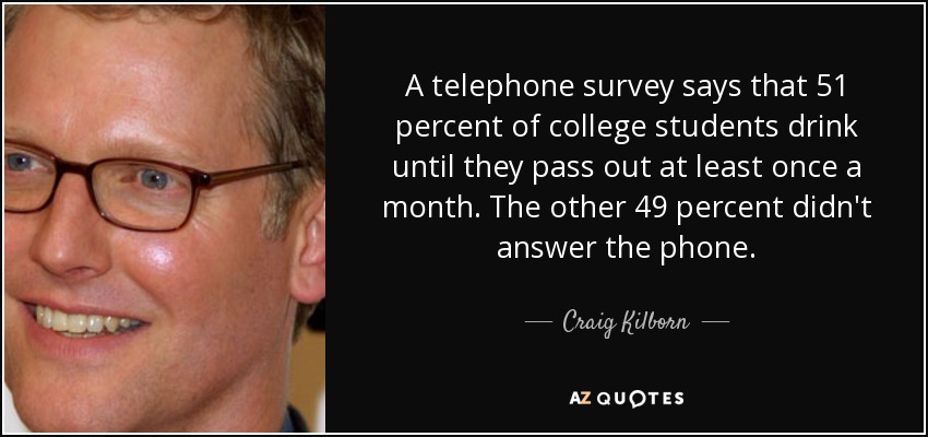 A telephone survey says that 51 percent of college students drink until they pass out at least once a month. The other 49 percent didn't answer the phone. - Craig Kilborn