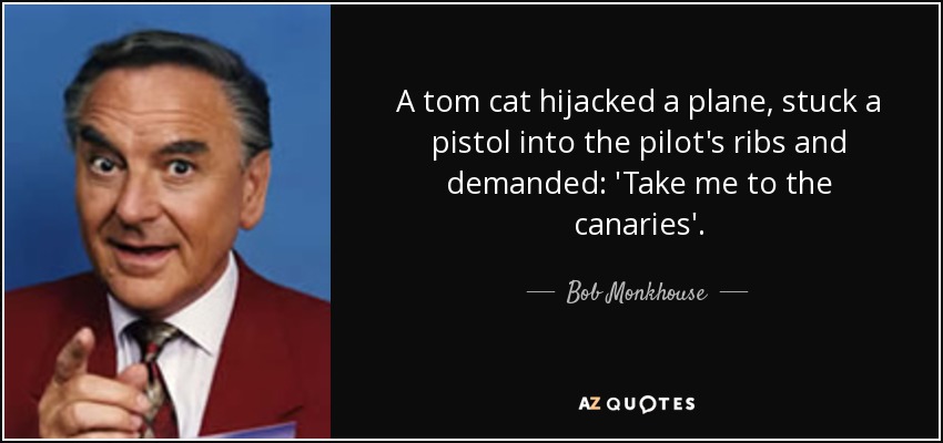 A tom cat hijacked a plane, stuck a pistol into the pilot's ribs and demanded: 'Take me to the canaries'. - Bob Monkhouse