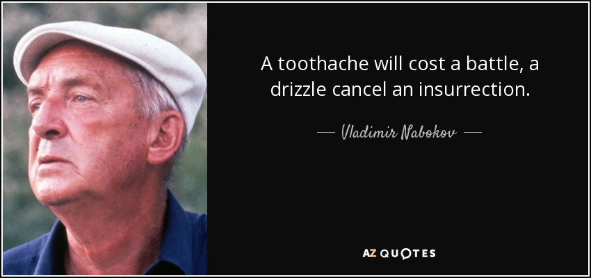 A toothache will cost a battle, a drizzle cancel an insurrection. - Vladimir Nabokov