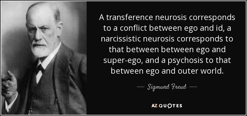 A transference neurosis corresponds to a conflict between ego and id, a narcissistic neurosis corresponds to that between between ego and super-ego, and a psychosis to that between ego and outer world. - Sigmund Freud