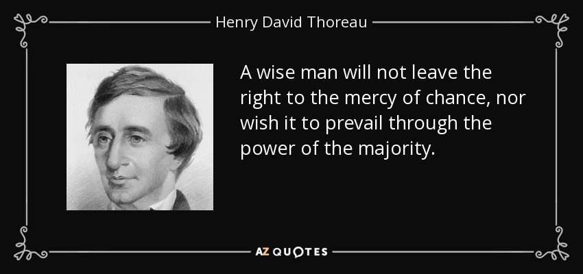 A wise man will not leave the right to the mercy of chance, nor wish it to prevail through the power of the majority. - Henry David Thoreau