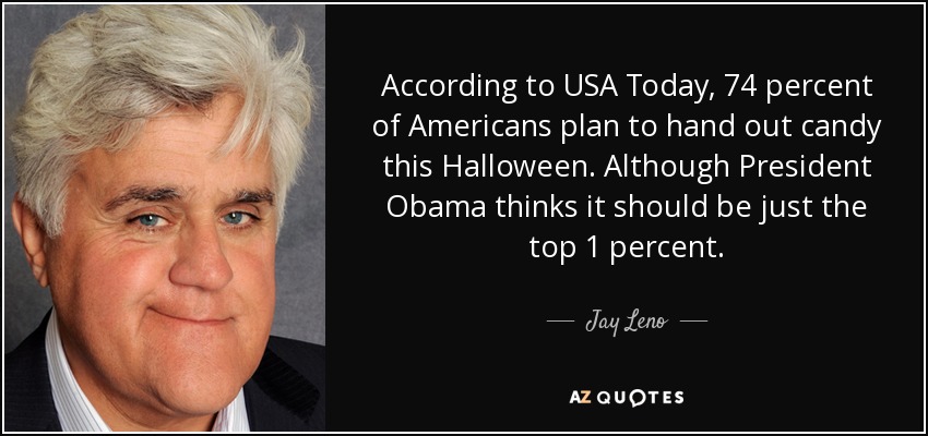 According to USA Today, 74 percent of Americans plan to hand out candy this Halloween. Although President Obama thinks it should be just the top 1 percent. - Jay Leno