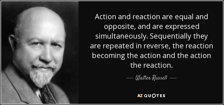 Action and reaction are equal and opposite, and are expressed simultaneously. Sequentially they are repeated in reverse, the reaction becoming the action and the action the reaction. - Walter Russell