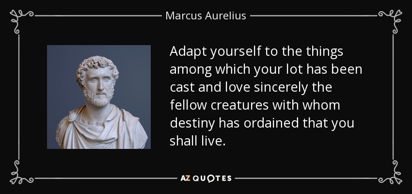 Adapt yourself to the things among which your lot has been cast and love sincerely the fellow creatures with whom destiny has ordained that you shall live. - Marcus Aurelius