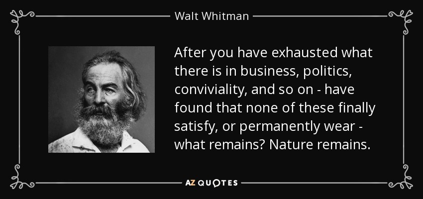 After you have exhausted what there is in business, politics, conviviality, and so on - have found that none of these finally satisfy, or permanently wear - what remains? Nature remains. - Walt Whitman