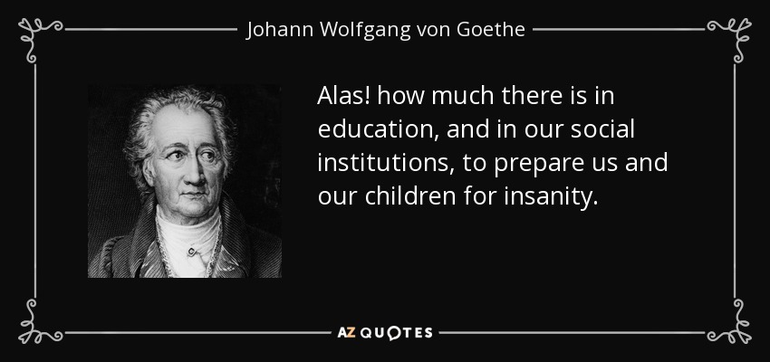 Alas! how much there is in education, and in our social institutions, to prepare us and our children for insanity. - Johann Wolfgang von Goethe