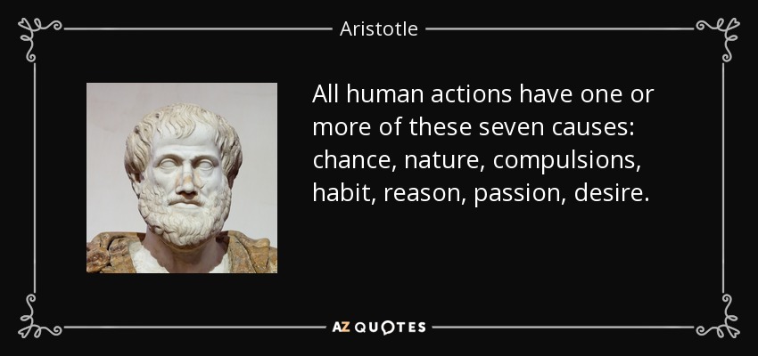 All human actions have one or more of these seven causes: chance, nature, compulsions, habit, reason, passion, desire. - Aristotle