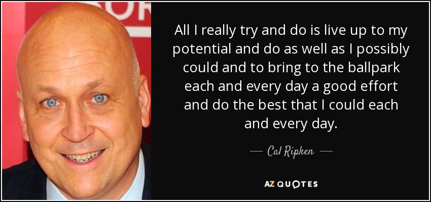 All I really try and do is live up to my potential and do as well as I possibly could and to bring to the ballpark each and every day a good effort and do the best that I could each and every day. - Cal Ripken, Jr.