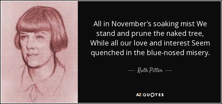 All in November's soaking mist We stand and prune the naked tree, While all our love and interest Seem quenched in the blue-nosed misery. - Ruth Pitter