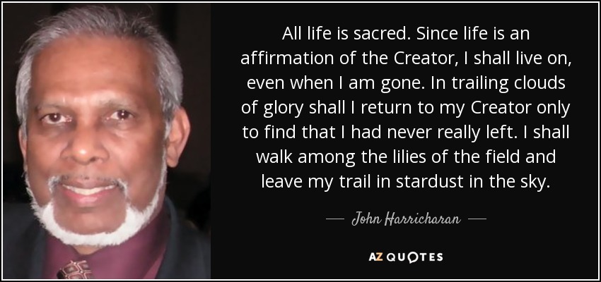 All life is sacred. Since life is an affirmation of the Creator, I shall live on, even when I am gone. In trailing clouds of glory shall I return to my Creator only to find that I had never really left. I shall walk among the lilies of the field and leave my trail in stardust in the sky. - John Harricharan