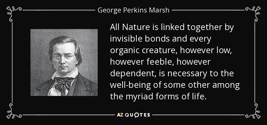 All Nature is linked together by invisible bonds and every organic creature, however low, however feeble, however dependent, is necessary to the well-being of some other among the myriad forms of life. - George Perkins Marsh