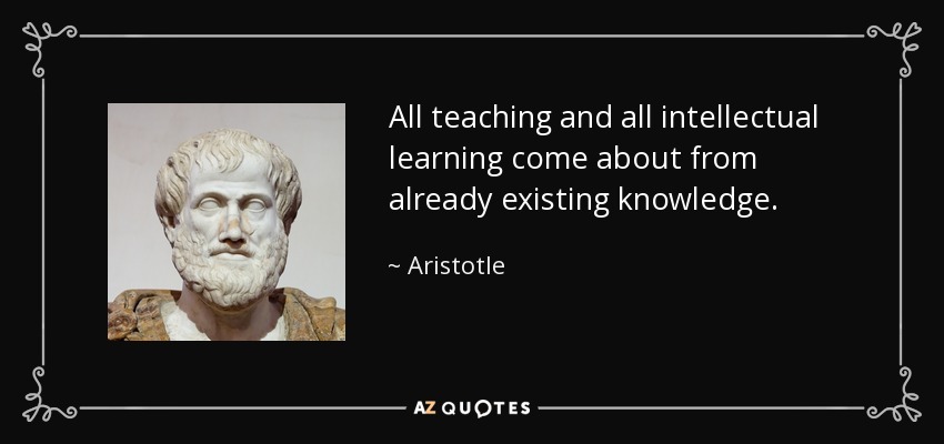 All teaching and all intellectual learning come about from already existing knowledge. - Aristotle