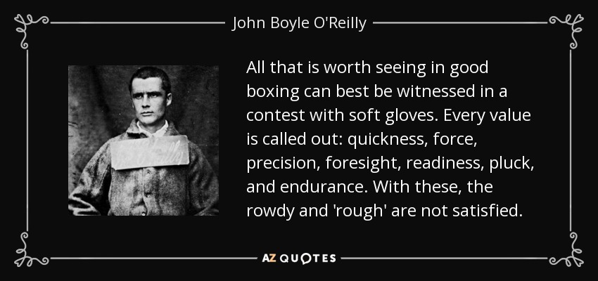 All that is worth seeing in good boxing can best be witnessed in a contest with soft gloves. Every value is called out: quickness, force, precision, foresight, readiness, pluck, and endurance. With these, the rowdy and 'rough' are not satisfied. - John Boyle O'Reilly