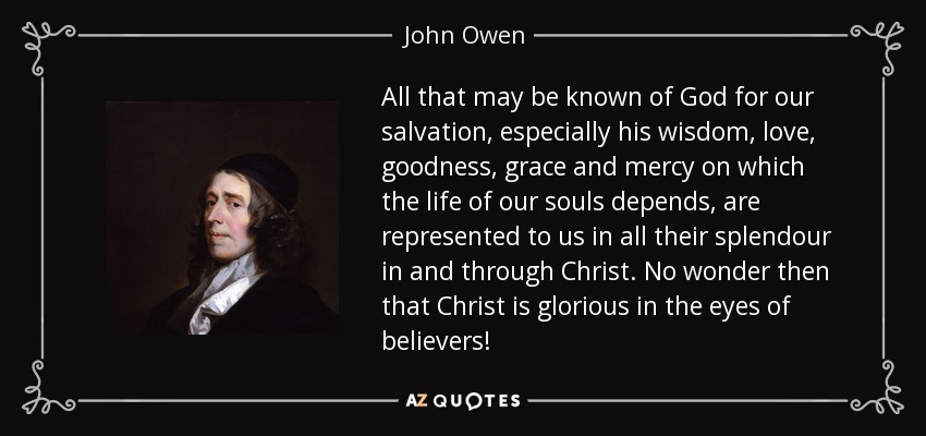 All that may be known of God for our salvation, especially his wisdom, love, goodness, grace and mercy on which the life of our souls depends, are represented to us in all their splendour in and through Christ. No wonder then that Christ is glorious in the eyes of believers! - John Owen