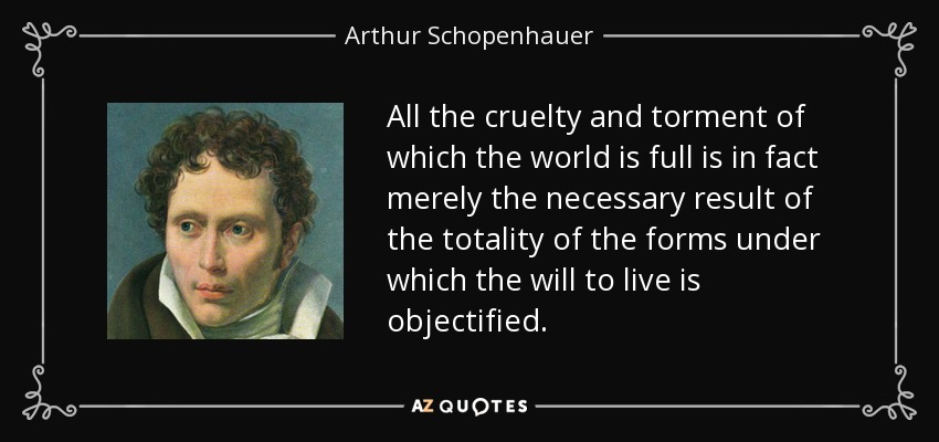 All the cruelty and torment of which the world is full is in fact merely the necessary result of the totality of the forms under which the will to live is objectified. - Arthur Schopenhauer