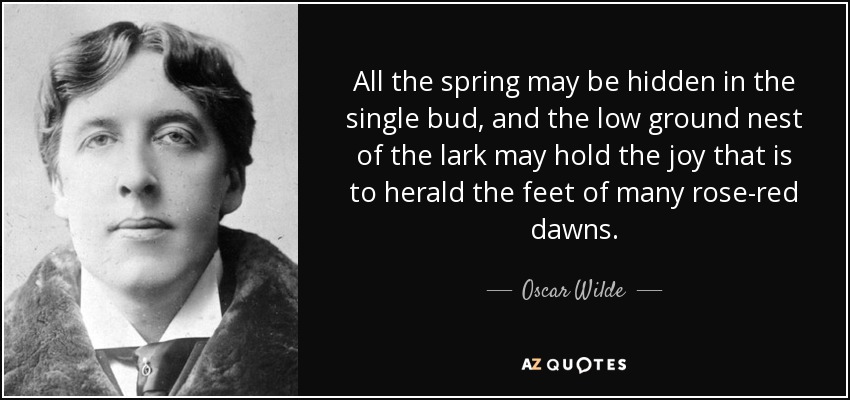 All the spring may be hidden in the single bud, and the low ground nest of the lark may hold the joy that is to herald the feet of many rose-red dawns. - Oscar Wilde