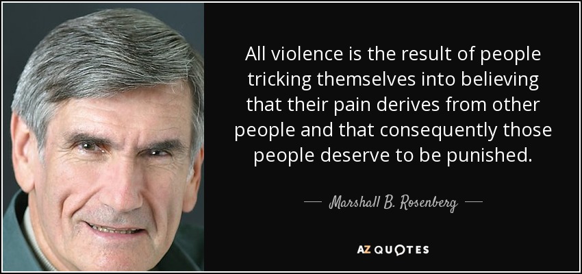 All violence is the result of people tricking themselves into believing that their pain derives from other people and that consequently those people deserve to be punished. - Marshall B. Rosenberg