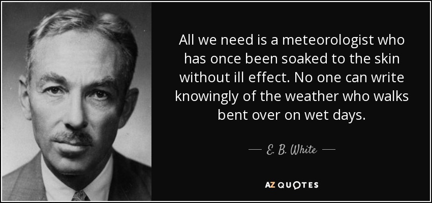 All we need is a meteorologist who has once been soaked to the skin without ill effect. No one can write knowingly of the weather who walks bent over on wet days. - E. B. White