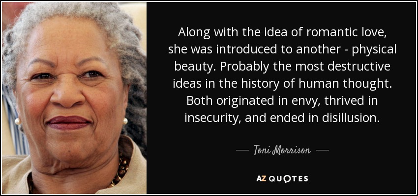 Along with the idea of romantic love, she was introduced to another - physical beauty. Probably the most destructive ideas in the history of human thought. Both originated in envy, thrived in insecurity, and ended in disillusion. - Toni Morrison