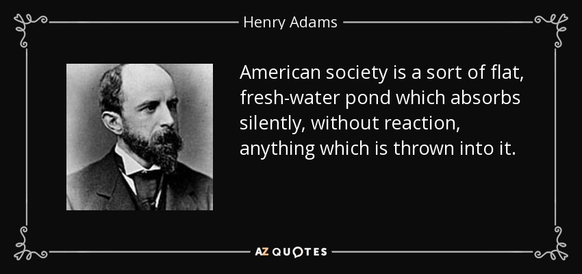American society is a sort of flat, fresh-water pond which absorbs silently, without reaction, anything which is thrown into it. - Henry Adams