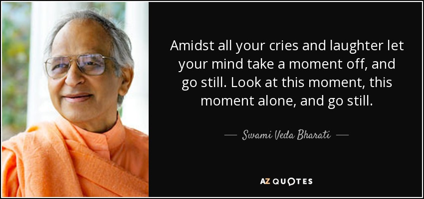 Amidst all your cries and laughter let your mind take a moment off, and go still. Look at this moment, this moment alone, and go still. - Swami Veda Bharati