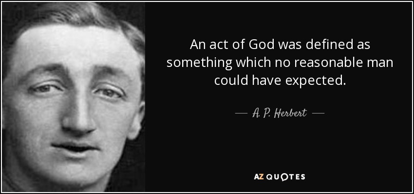 An act of God was defined as something which no reasonable man could have expected. - A. P. Herbert
