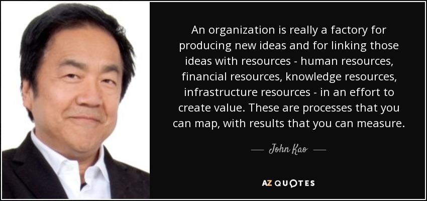 An organization is really a factory for producing new ideas and for linking those ideas with resources - human resources, financial resources, knowledge resources, infrastructure resources - in an effort to create value. These are processes that you can map, with results that you can measure. - John Kao