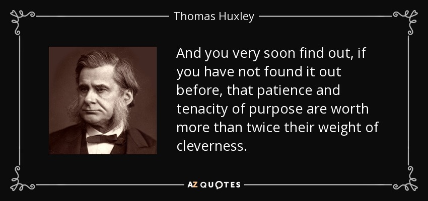 And you very soon find out, if you have not found it out before, that patience and tenacity of purpose are worth more than twice their weight of cleverness. - Thomas Huxley