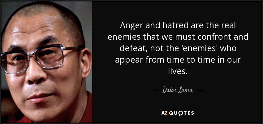 Anger and hatred are the real enemies that we must confront and defeat, not the 'enemies' who appear from time to time in our lives. - Dalai Lama