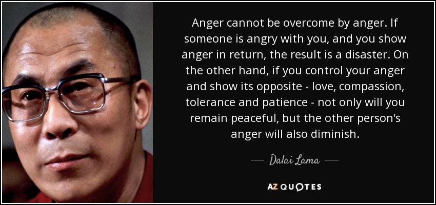 Anger cannot be overcome by anger. If someone is angry with you, and you show anger in return, the result is a disaster. On the other hand, if you control your anger and show its opposite - love, compassion, tolerance and patience - not only will you remain peaceful, but the other person's anger will also diminish. - Dalai Lama