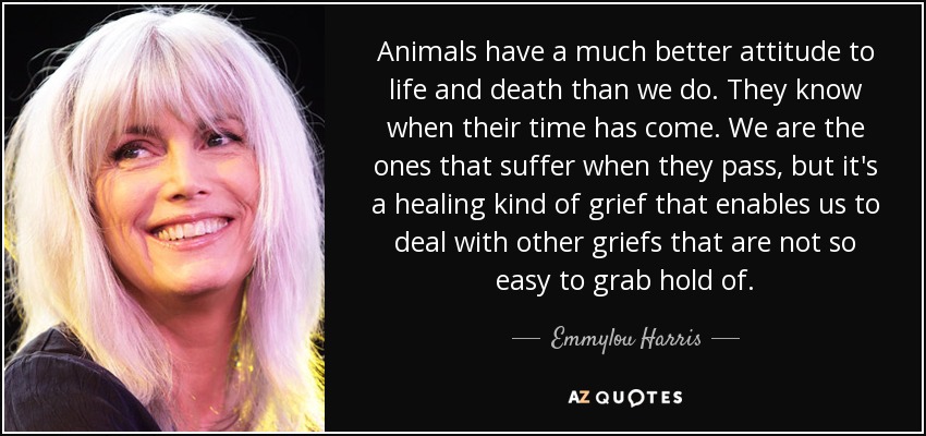 Animals have a much better attitude to life and death than we do. They know when their time has come. We are the ones that suffer when they pass, but it's a healing kind of grief that enables us to deal with other griefs that are not so easy to grab hold of. - Emmylou Harris