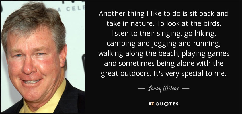 Another thing I like to do is sit back and take in nature. To look at the birds, listen to their singing, go hiking, camping and jogging and running, walking along the beach, playing games and sometimes being alone with the great outdoors. It's very special to me. - Larry Wilcox