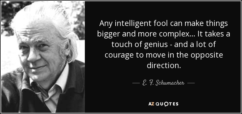 Any intelligent fool can make things bigger and more complex... It takes a touch of genius - and a lot of courage to move in the opposite direction. - E. F. Schumacher