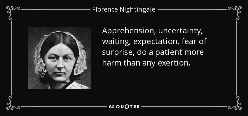Apprehension, uncertainty, waiting, expectation, fear of surprise, do a patient more harm than any exertion. - Florence Nightingale