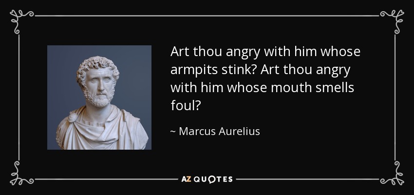 Art thou angry with him whose armpits stink? Art thou angry with him whose mouth smells foul? - Marcus Aurelius