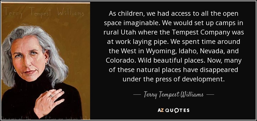 As children, we had access to all the open space imaginable. We would set up camps in rural Utah where the Tempest Company was at work laying pipe. We spent time around the West in Wyoming, Idaho, Nevada, and Colorado. Wild beautiful places. Now, many of these natural places have disappeared under the press of development. - Terry Tempest Williams