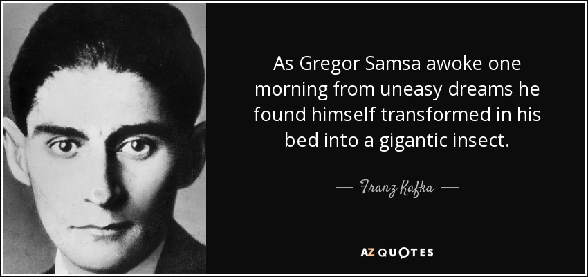 As Gregor Samsa awoke one morning from uneasy dreams he found himself transformed in his bed into a gigantic insect. - Franz Kafka