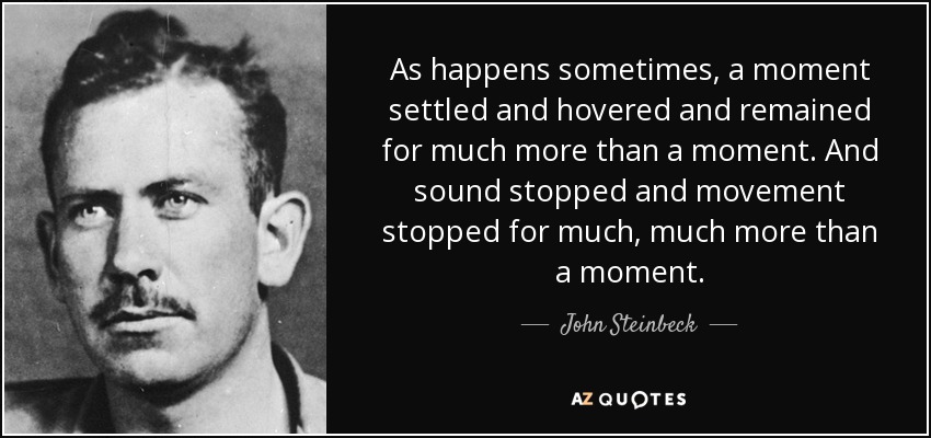 As happens sometimes, a moment settled and hovered and remained for much more than a moment. And sound stopped and movement stopped for much, much more than a moment. - John Steinbeck
