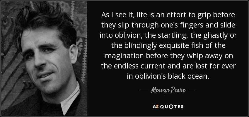 As I see it, life is an effort to grip before they slip through one's fingers and slide into oblivion, the startling, the ghastly or the blindingly exquisite fish of the imagination before they whip away on the endless current and are lost for ever in oblivion's black ocean. - Mervyn Peake