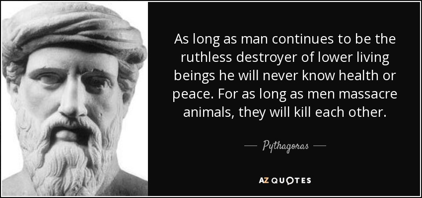As long as man continues to be the ruthless destroyer of lower living beings he will never know health or peace. For as long as men massacre animals, they will kill each other. - Pythagoras
