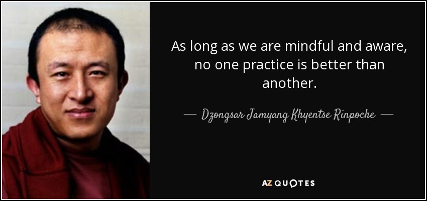 As long as we are mindful and aware, no one practice is better than another. - Dzongsar Jamyang Khyentse Rinpoche