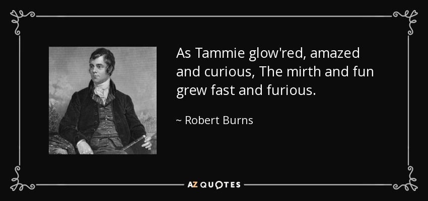 As Tammie glow'red, amazed and curious, The mirth and fun grew fast and furious. - Robert Burns