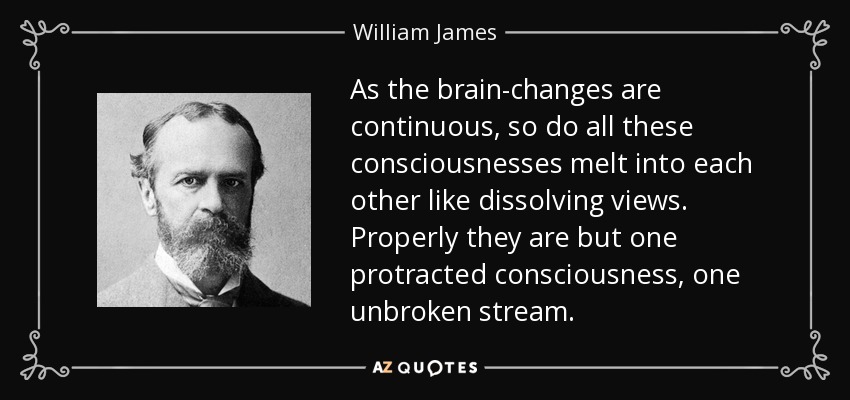 As the brain-changes are continuous, so do all these consciousnesses melt into each other like dissolving views. Properly they are but one protracted consciousness, one unbroken stream. - William James